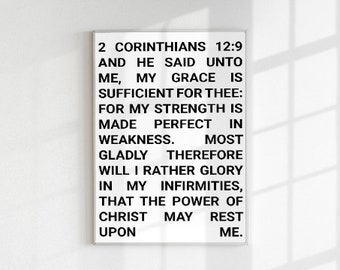 Printable Bible Verse '2 Corinthians 12:9' Wall Art - 5 Different Poster Sizes for Frames | Minimalist Christian Wall Decor Art