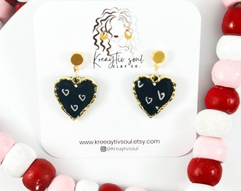 The Dixie black heart earrings  | Polymer clay | Light weight | Handmade | clay earrings | black and gold  | Valentine's Day | Heart day