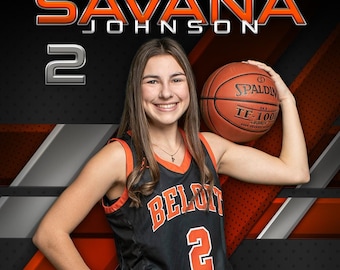 May include: A portrait of a smiling basketball player in a black and orange jersey with the name "BELOIT" and the number "2". The image includes the text "SAVANA JOHNSON" and "LADY TROJANS SENIOR 2025" with a basketball.