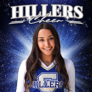 May include: A smiling person in a blue and white cheerleading uniform with the word "HILLERS" above and "Cheer" in script. The name "JAYLYN SMITH" is at the bottom, with blue and gold pom-poms.