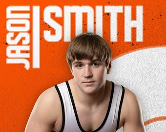 May include: A wrestler in a white singlet with black trim and an orange and white logo on the front. The wrestler is kneeling with their hands clasped in front of them. The background is orange with black splatters. The text "Jason Smith" is in white letters on the left side of the image. The text "2023 Senior Beloit Wrestling" is in white letters at the bottom of the image.