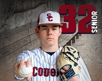 May include: A baseball player wearing a white and blue striped jersey with red lettering that says "COUGAR" and a red and white baseball cap with the letters "SC" on it. The player is holding a baseball and a brown baseball glove. The player is standing in front of a wooden bench and a gray wall with the number "32" and the word "SENIOR" in red letters. The text "CHASE FAUVER" and "STEELE CANYON BASEBALL 2024" is at the bottom of the image.