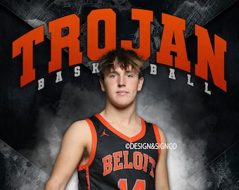 May include: A basketball player wearing a black jersey with orange trim and the word "BELOIT" and the number "14" on the front. The player is holding a basketball and is standing in front of a black and orange background with the words "TROJAN BASKETBALL" at the top. The player's name is "JORDAN SIDES" and the text "SENIOR-2023" is below the name.