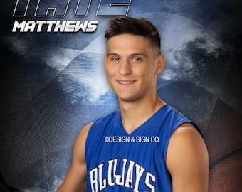 May include: A basketball player wearing a blue jersey with the number 22 and the words "BluJays" on the front. The player is holding a basketball and is standing in front of a blue and white background with the words "Tate Matthews" and "Turner County BluJays" at the top and bottom of the image.