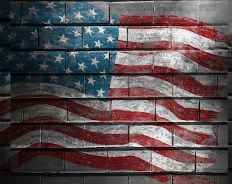 May include: A faded American flag painted on a brick wall. The flag is slightly tattered and has a distressed look. The background is a dark gray brick wall with a smoky effect.