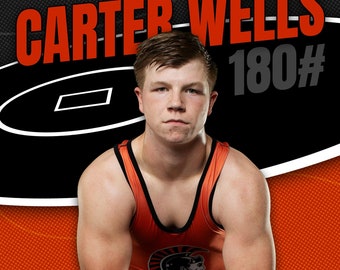May include: A young wrestler in an orange and black singlet poses with a determined expression. The background features a black and white wrestling mat design with the text "CARTER WELLS 180# BELOIT WRESTLING 2024".