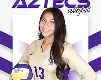May include: A volleyball player in a tan and purple jersey with the number 13, holding a volleyball. The image includes the text "AZTECS volleyball" and the name "Sheila JOHNSON Senior 2025".