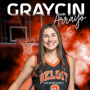 May include: A basketball player wearing a black and orange jersey with the number 2 on the front. The jersey says "BELOIT" and "&copy;DESIGN&SIGNCO". The player is holding a basketball and smiling. The background is a red and orange smoke effect. The text "GRAYCIN Arrayo SENIOR 2023 LADY LIONS basketball" is at the bottom of the image.