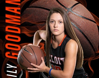 May include: A female basketball player wearing a black and orange jersey with the number 10 on the front. She is holding a basketball and is standing in front of a black background with orange smoke.