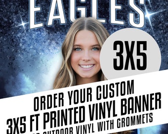 May include: A custom 3x5 foot printed vinyl banner with grommets. The banner features a photo of a young woman in a cheerleading uniform holding a blue and black pom-pom. The text on the banner reads "ORDER YOUR CUSTOM 3X5 FT PRINTED VINYL BANNER INDOOR OUTDOOR VINYL WITH GROMMETS Keyra Cervantes WINTERS EAGLES CHEER 2023".