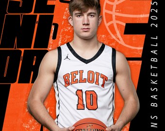 May include: A basketball player wearing a white jersey with "BELOIT" and "10" printed on it, holding a basketball. The player is standing in front of a black and orange background with the text "BELOIT TROJANS BASKETBALL 2023" and "COLSON SMITH" printed on it.
