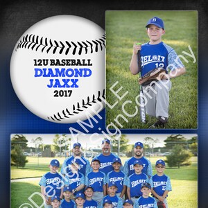 May include: A baseball team, the Diamond Jaxx, poses for a team photo. The team is wearing blue and white uniforms with the team name and number on the front. The team is standing on a grassy field with a fence in the background. The team's logo is a baseball with the team name and year on it.