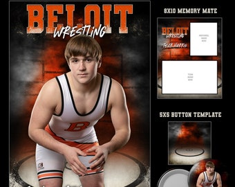 Wrestling Template Bundle- Photoshop digital design downloads-Includes 3 PSD files for banner template-memory mate-sports button template