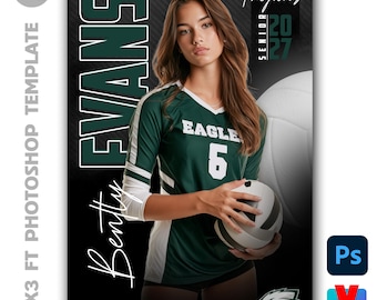 May include: A digital poster template featuring a volleyball player in a dark green jersey with the number 6 and the word EAGLES. The text includes EVANS, Bentty, Trojans, and SENIOR 2027. The design includes a volleyball graphic and an eagle logo.