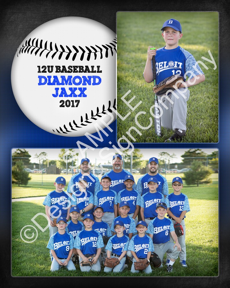 May include: A baseball team, the Diamond Jaxx, poses for a team photo. The team is wearing blue and white uniforms with the team name and number on the front. The team is standing on a grassy field with a fence in the background. The team's logo is a baseball with the team name and year on it.