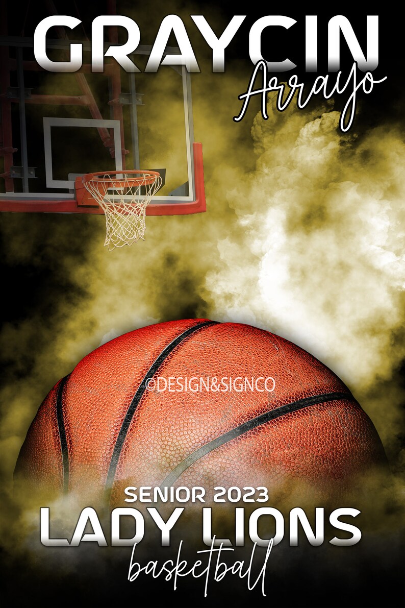 May include: A basketball with a yellow and white smoke background. The text "GRAYCIN Arroyo" is at the top of the image. The text "SENIOR 2023 LADY LIONS basketball" is at the bottom of the image.