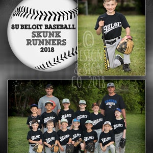 May include: A group of young baseball players wearing black and white uniforms with the text "BELOIT" on the front. The players are standing in a line with their coach in the back. The team name is "8U BELOIT BASEBALL SKUNK RUNNERS 2018".