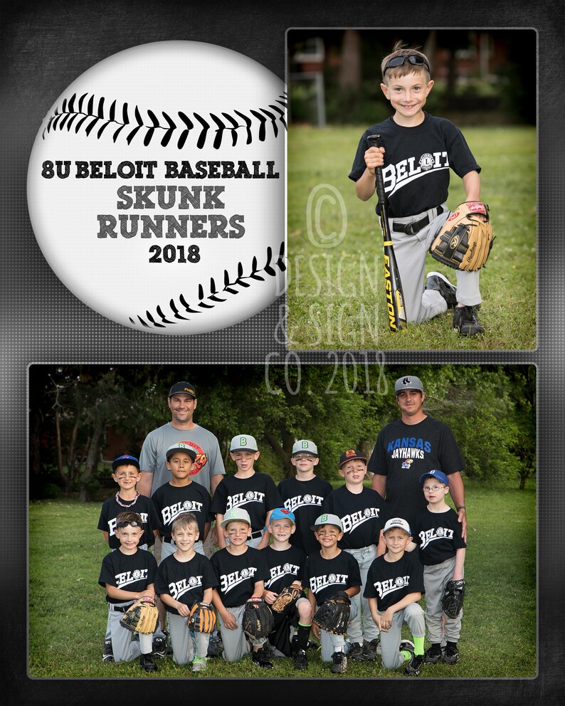 May include: A group of young baseball players wearing black and white uniforms with the text "BELOIT" on the front. The players are standing in a line with their coach in the back. The team name is "8U BELOIT BASEBALL SKUNK RUNNERS 2018".