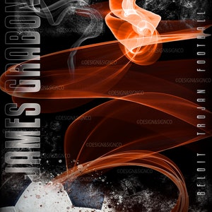 May include: A black and orange graphic design with a soccer ball and the text "James Grabones 53 Beloit Trojan Football 2021".