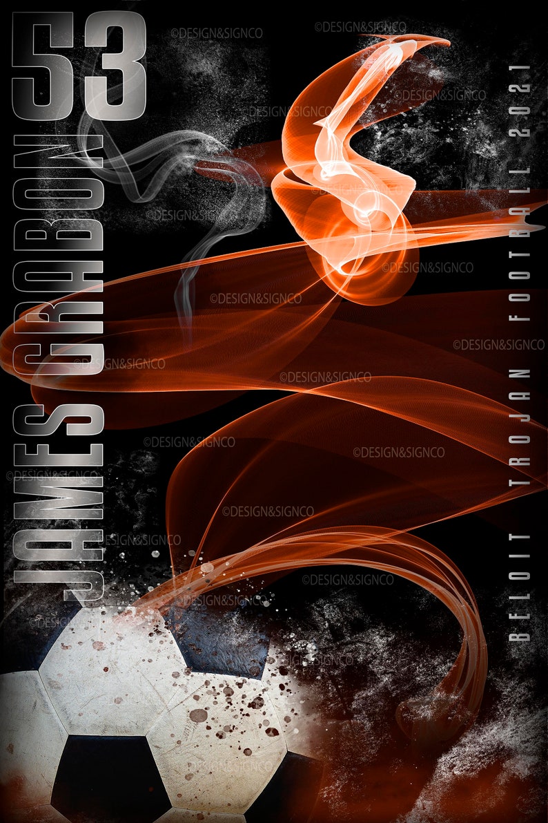 May include: A black and orange graphic design with a soccer ball and the text "James Grabones 53 Beloit Trojan Football 2021".