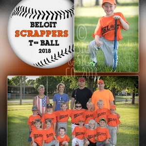 May include: A group of young baseball players wearing orange and white uniforms with the text "Beloit Scrappers T-Ball 2018" on a baseball. The players are standing on a grassy field with a school building in the background.