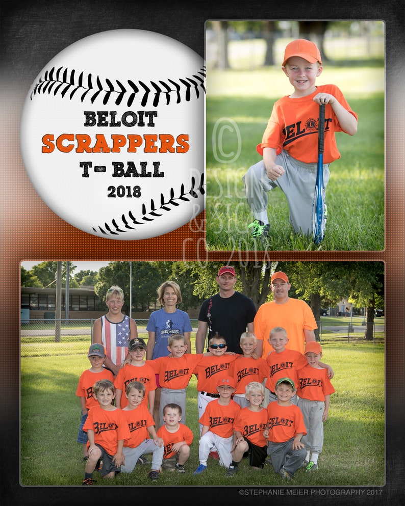 May include: A group of young baseball players wearing orange and white uniforms with the text "Beloit Scrappers T-Ball 2018" on a baseball. The players are standing on a grassy field with a school building in the background.