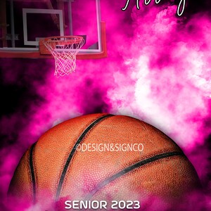 May include: A basketball with pink smoke behind it. The text "GRAYCIN Arroyo" is at the top of the image. The text "SENIOR 2023 LADY LIONS basketball" is at the bottom of the image.