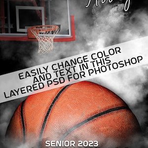 May include: A basketball graphic with a basketball hoop and smoke in the background. The text "GRAYCIN Arrayo" is at the top of the image. The text "EASILY CHANGE COLOR AND TEXT IN THIS LAYERED PSD FOR PHOTOSHOP" is in a white banner across the middle of the image. The text "SENIOR 2023 LADY LIONS basketball" is at the bottom of the image.