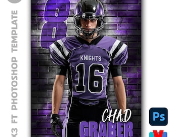 May include: A digital poster template featuring a football player in a purple and black uniform with the number 16 and the text KNIGHTS. The background is a purple brick wall with a large number 8, the name CHAD GRABER, and KNIGHTS FOOTBALL 2026.