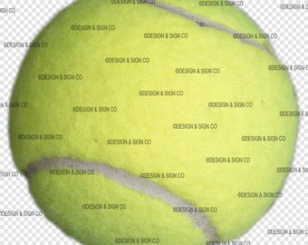 May include: A yellow tennis ball with a white seam. The ball has a fuzzy texture and is designed for sports. The image has the text "©DESIGN & SIGN CO" repeated across the surface of the ball.