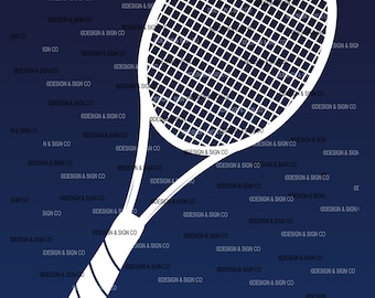 May include: White tennis racket graphic on a dark blue background. The racket is the primary focus, with a detailed net and handle design. The background features repeated text: "CDESIGN & SIGN CO".