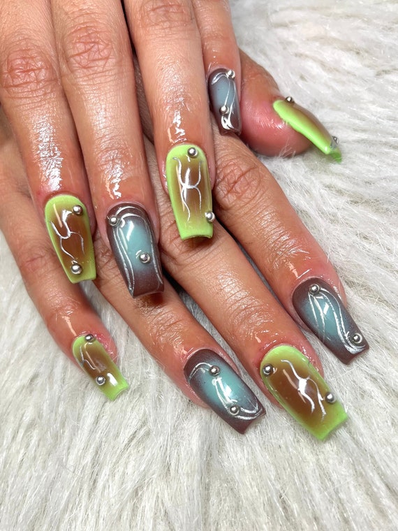 Distressed Mint Airbrush Nails Luxury Press on Nail Set 