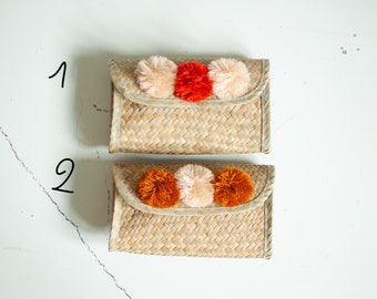 CLOSE OUT SALE - Xinh Clutch - Pompom Clutch -Woven Clutch - Bridesmaid Clutch - Blush Clutch - Boho Bag- Bridesmaid Gift