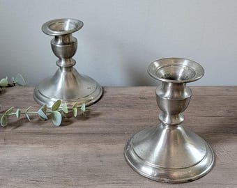 Silver Candle Stick Holders Pair / Mid-Century Vintage Leonard Silver Co Pewter Candlestick Holder