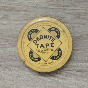 Vintage Tin, Trinket Dish / Craft Sewing Bin / Okonite Tape Container, Small Rustic Storage Box, Farmhouse Round metal tin with lid