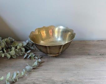 Vintage Brass Lotus Flower Footed Bowl / Heavy Gold Dish 7"