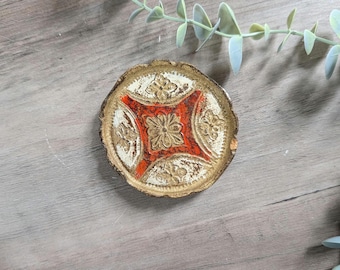 Vintage Italian Florentine Toleware Coaster – Hand-Painted Wood Trinket Dish