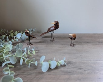 Vintage Hand-Carved Wooden Folk Art Birds: Bone Beak, Wire Legs Set