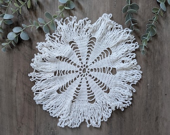 Vintage Round Doily Crochet White fringed 10"