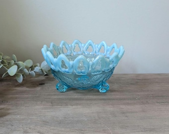 Antique Blue Opalscent Glass Bowl by Northwood Glass : Shell and Rose Design, Footed