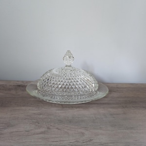 Vintage Glass Butter Dish / Indiana Glass Diamond Clear Cut Ice Trinket Butter OVAL Dish / Candy Nut Cheese Mid Century Faceted Dome Lid
