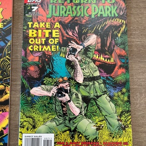May include: A comic book cover featuring a green dinosaur with sharp teeth and a man taking a picture of it. The comic book is titled "Return to Jurassic Park" and the tagline is "Take a Bite Out of Crime!"