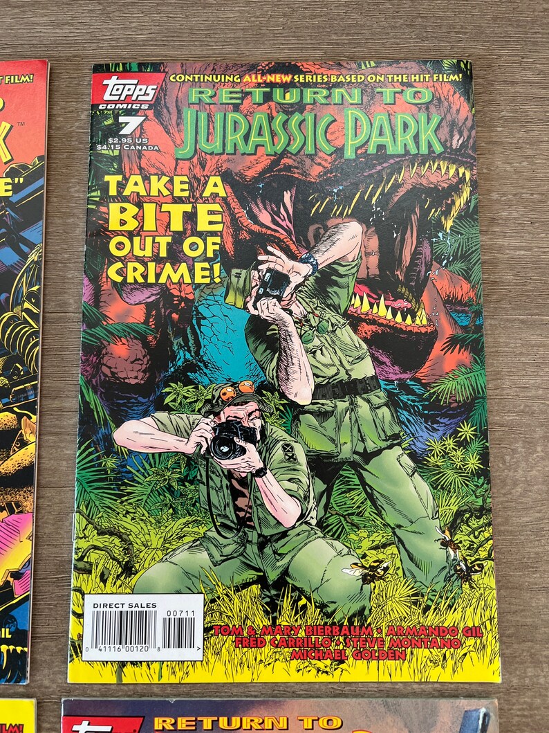 May include: A comic book cover featuring a green dinosaur with sharp teeth and a man taking a picture of it. The comic book is titled "Return to Jurassic Park" and the tagline is "Take a Bite Out of Crime!"