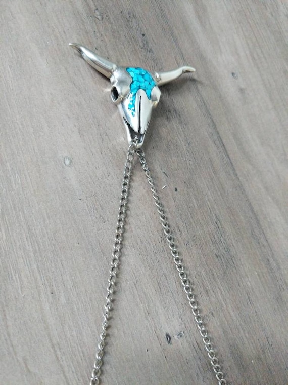 Vintage Cow Skull Pendant Sterling Silver and  Tu… - image 2
