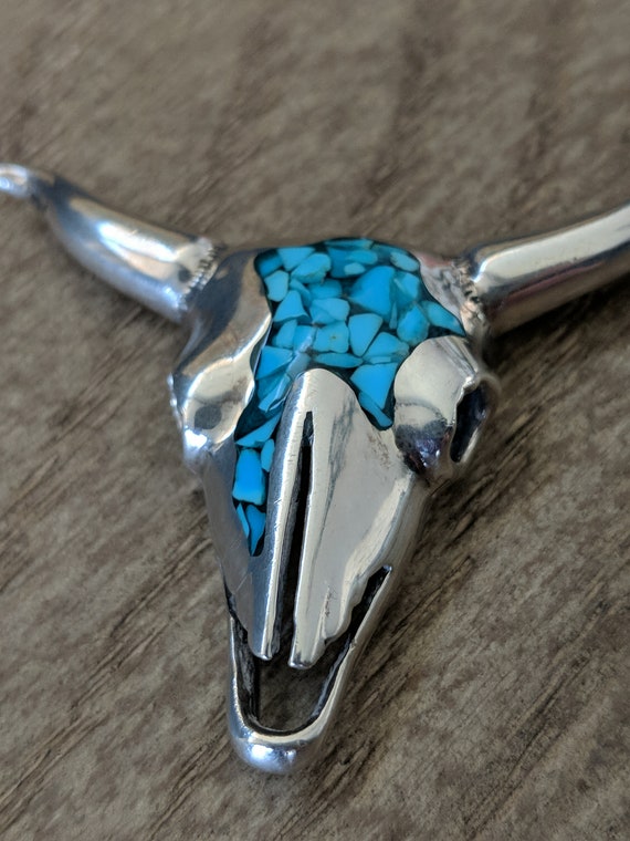 Vintage Cow Skull Pendant Sterling Silver and  Tu… - image 4