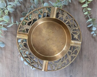 Vintage Brass Ashtray : Large 8" Round with Floral Filigree Designs