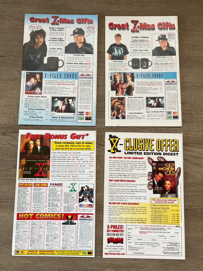 May include: A colorful magazine advertisement for X-Files merchandise. The ad features a variety of products, including t-shirts, mugs, cards, and comic books. The ad also includes a limited edition digest of the X-Files TV series.