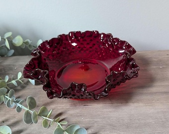 Vintage Fenton Art Glass Amberina Red Hobnail  Crimped Ruffled Bowl / Candy Dish