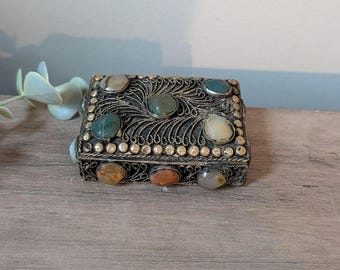 Vintage Tibetan Filigree Trinket Box : Folk Art Agate Cabochons Small Ring Dish