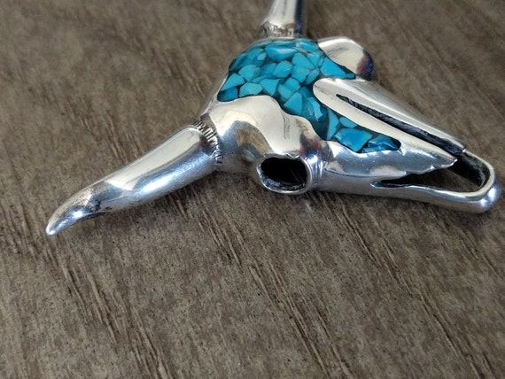 Vintage Cow Skull Pendant Sterling Silver and  Tu… - image 5